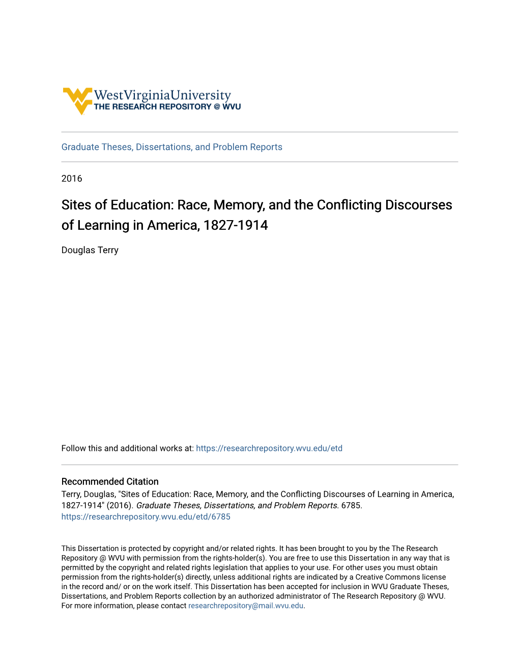 Sites of Education: Race, Memory, and the Conflicting Discourses of Learning in America, 1827-1914