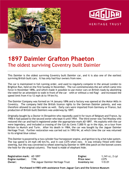 1897 Daimler Grafton Phaeton the Oldest Surviving Coventry Built Daimler