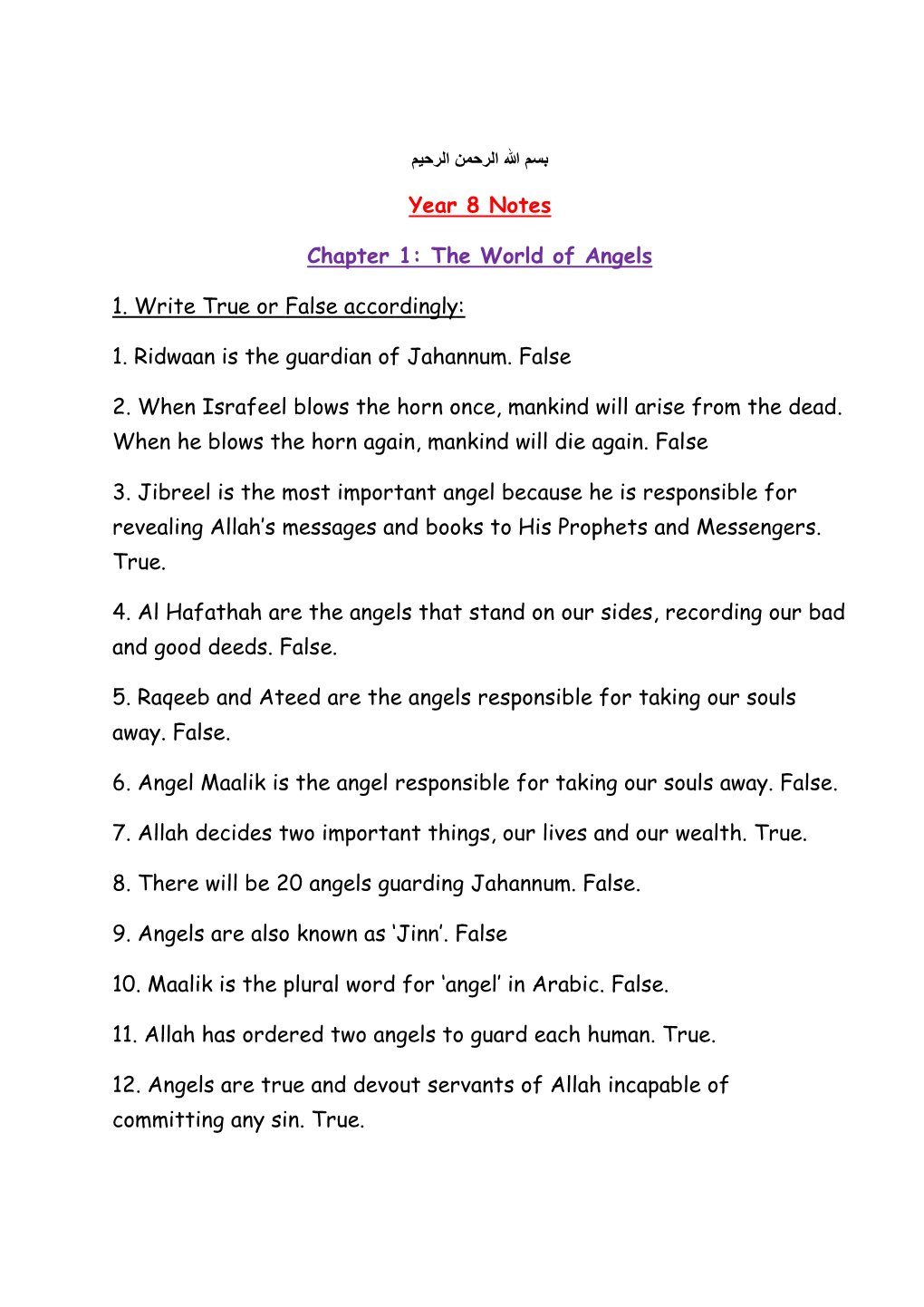 Year 8 Notes Chapter 1: the World of Angels 1. Write True Or False