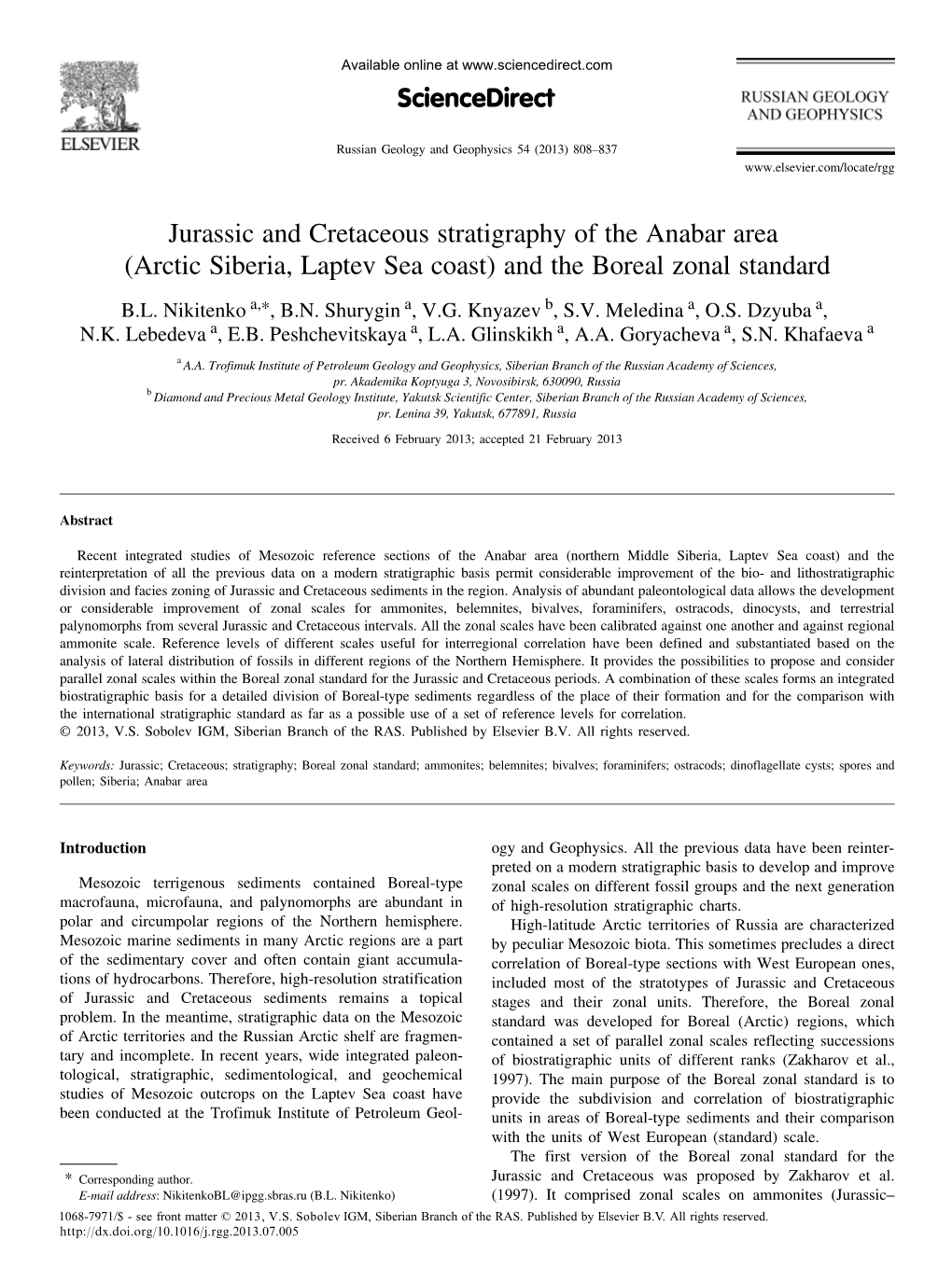 Jurassic and Cretaceous Stratigraphy of the Anabar Area (Arctic Siberia, Laptev Sea Coast) and the Boreal Zonal Standard