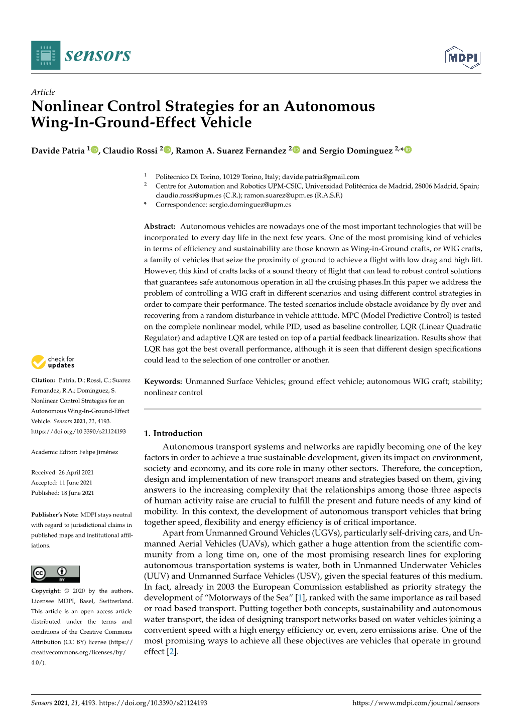 Nonlinear Control Strategies for an Autonomous Wing-In-Ground-Effect Vehicle