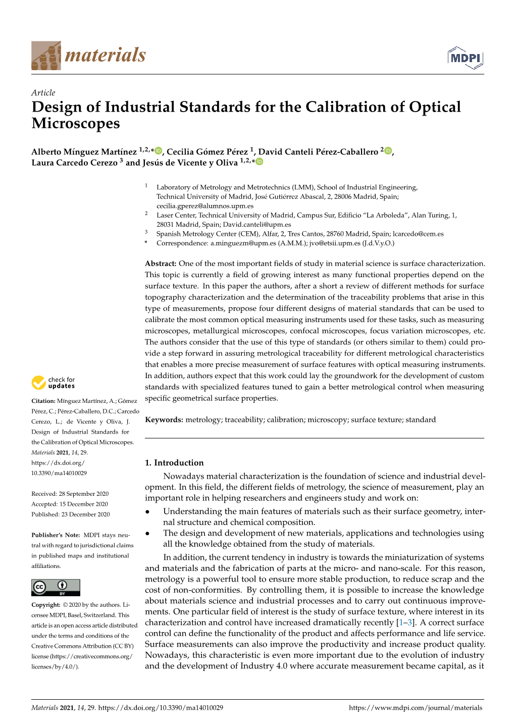 Design of Industrial Standards for the Calibration of Optical Microscopes