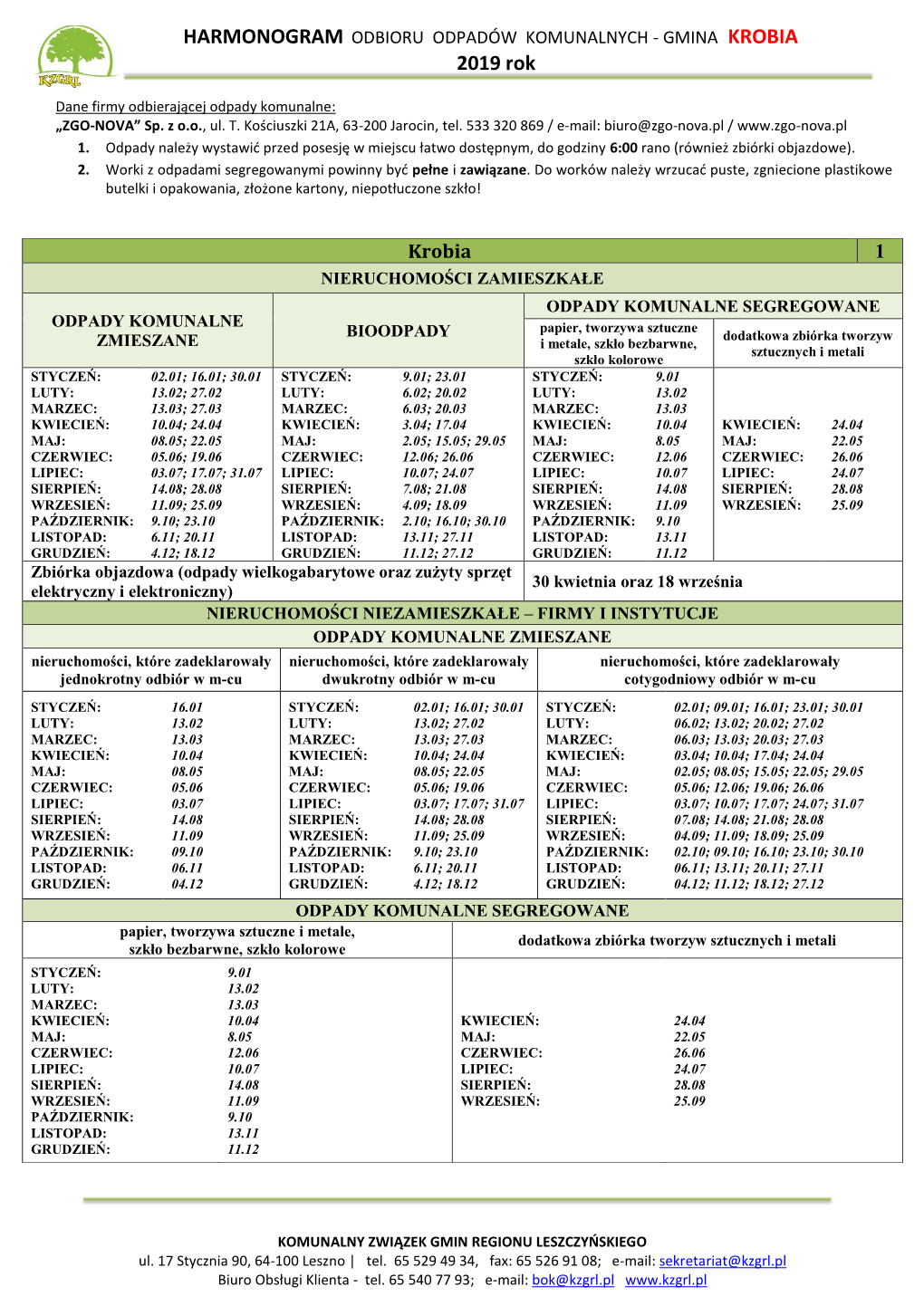 Harmonogram Odbioru Odpadów W Gminie Krobia Na 2019