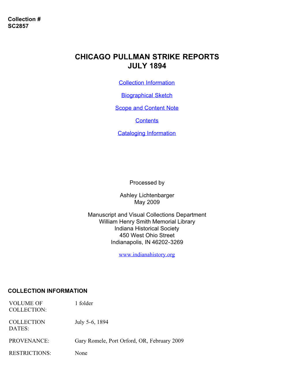 Chicago Pullman Strike Reports July 1894