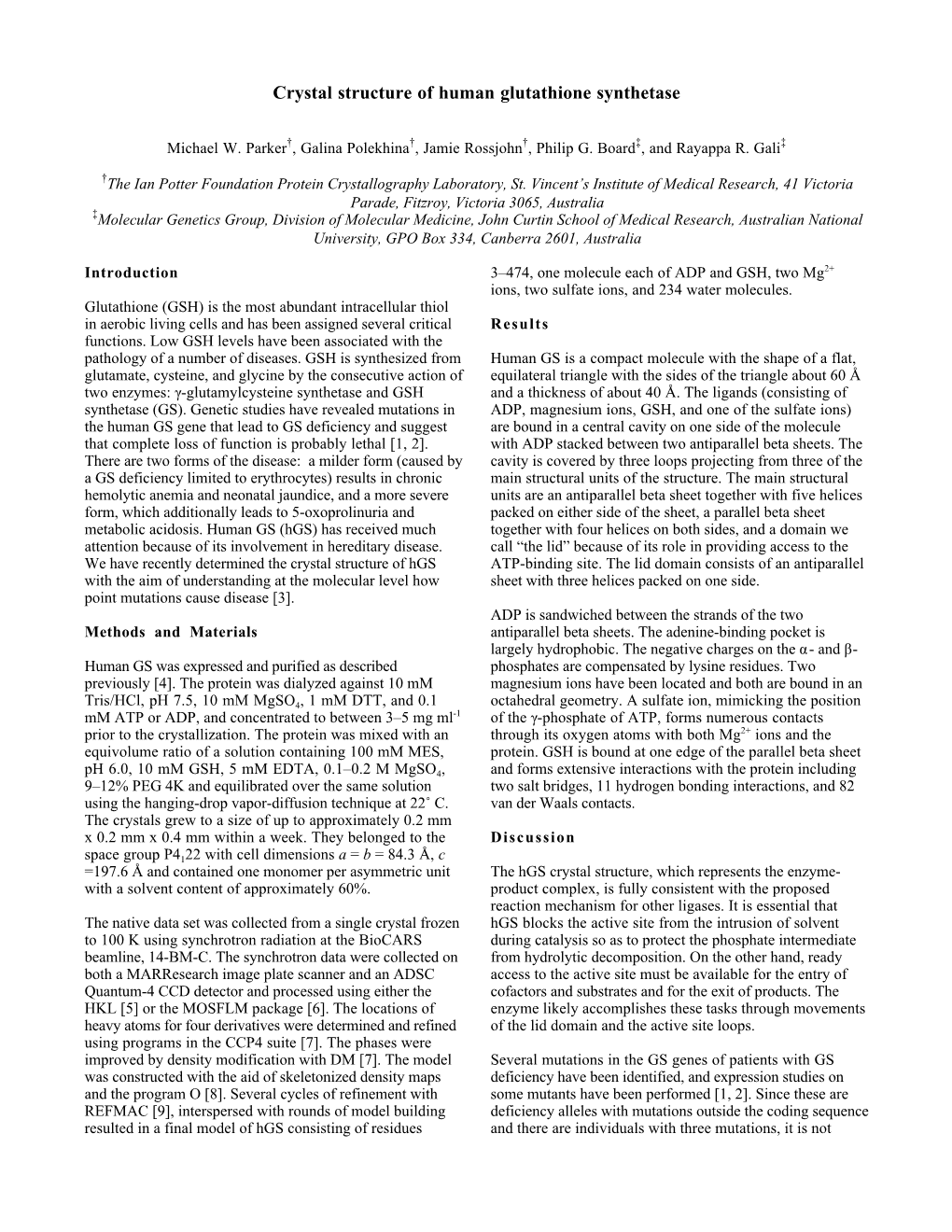 Crystal Structure of Human Glutathione Synthetase