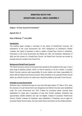 Briefing Note For: Grantham Local Area Assembly