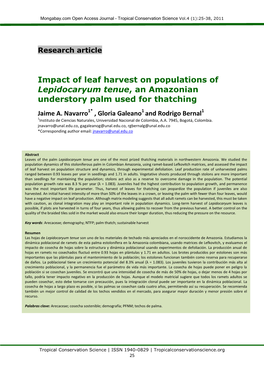 Impact of Leaf Harvest on Populations of Lepidocaryum Tenue, an Amazonian Understory Palm Used for Thatching Jaime A