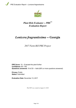 PRE Evaluation Report for Lonicera Fragrantissima
