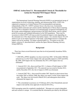 SMPAG Action Item 5.1: Recommended Criteria & Thresholds for Action for Potential NEO Impact Threat