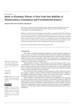 Steric Vs Electronic Effects: a New Look Into Stability of Diastereomers, Conformers and Constitutional Isomers