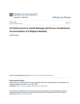 Civil Enforcement of Jewish Marriage and Divorce: Constitutional Accommodation of a Religious Mandate
