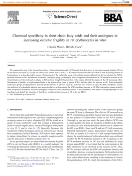 Chemical Specificity in Short-Chain Fatty Acids and Their Analogues in Increasing Osmotic Fragility in Rat Erythrocytes in Vitro ⁎ Hitoshi Mineo, Hiroshi Hara