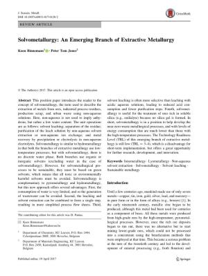 Solvometallurgy: an Emerging Branch of Extractive Metallurgy