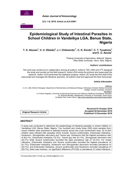 Epidemiological Study of Intestinal Parasites in School Children in Vandeikya LGA, Benue State, Nigeria