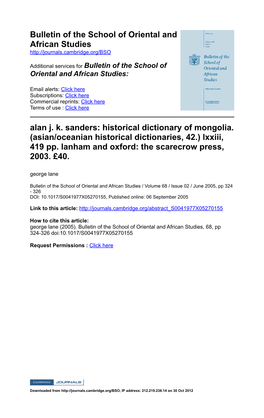 Historical Dictionary of Mongolia. (Asian/Oceanian Historical Dictionaries, 42.) Lxxiii, 419 Pp