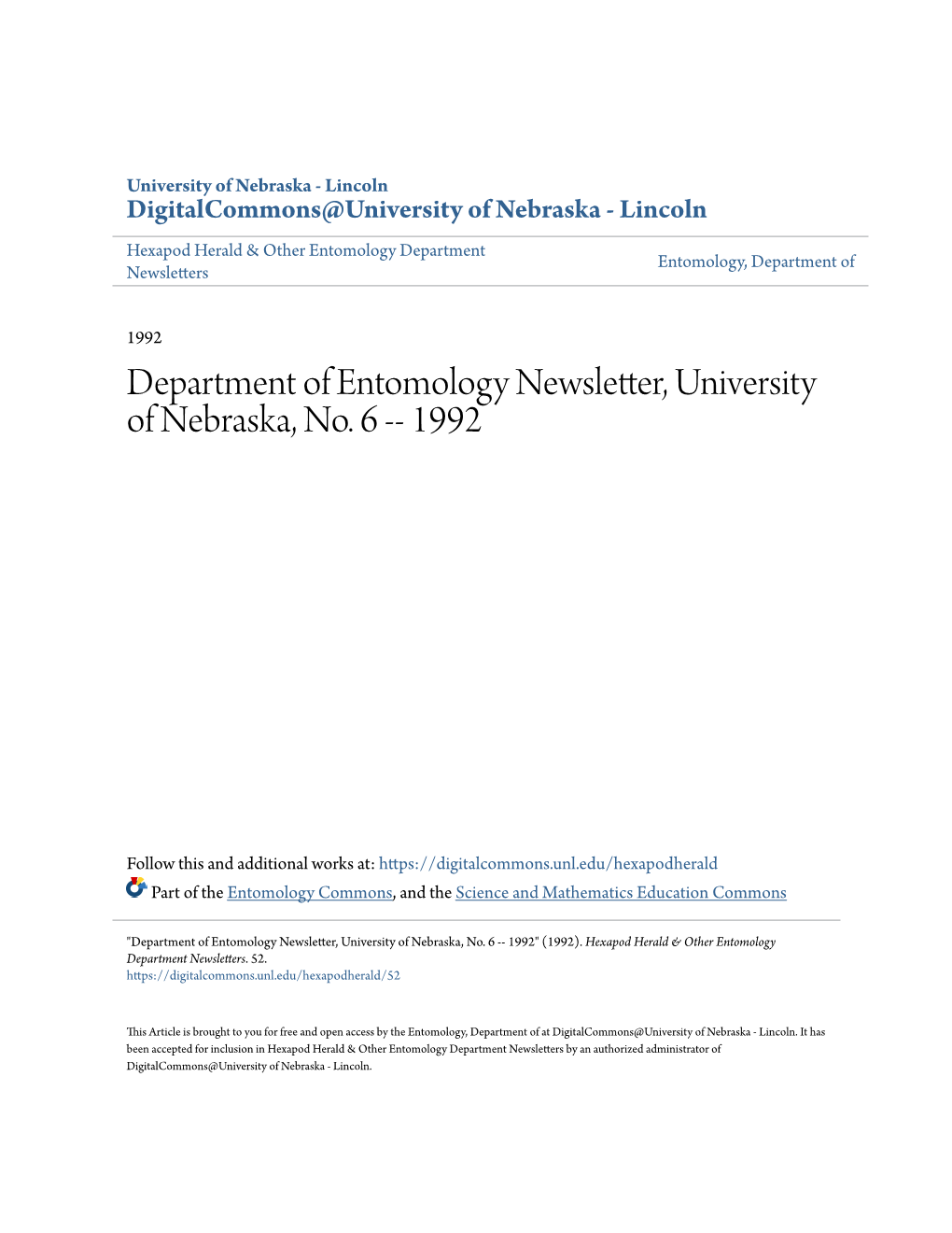 Department of Entomology Newsletter, University of Nebraska, No