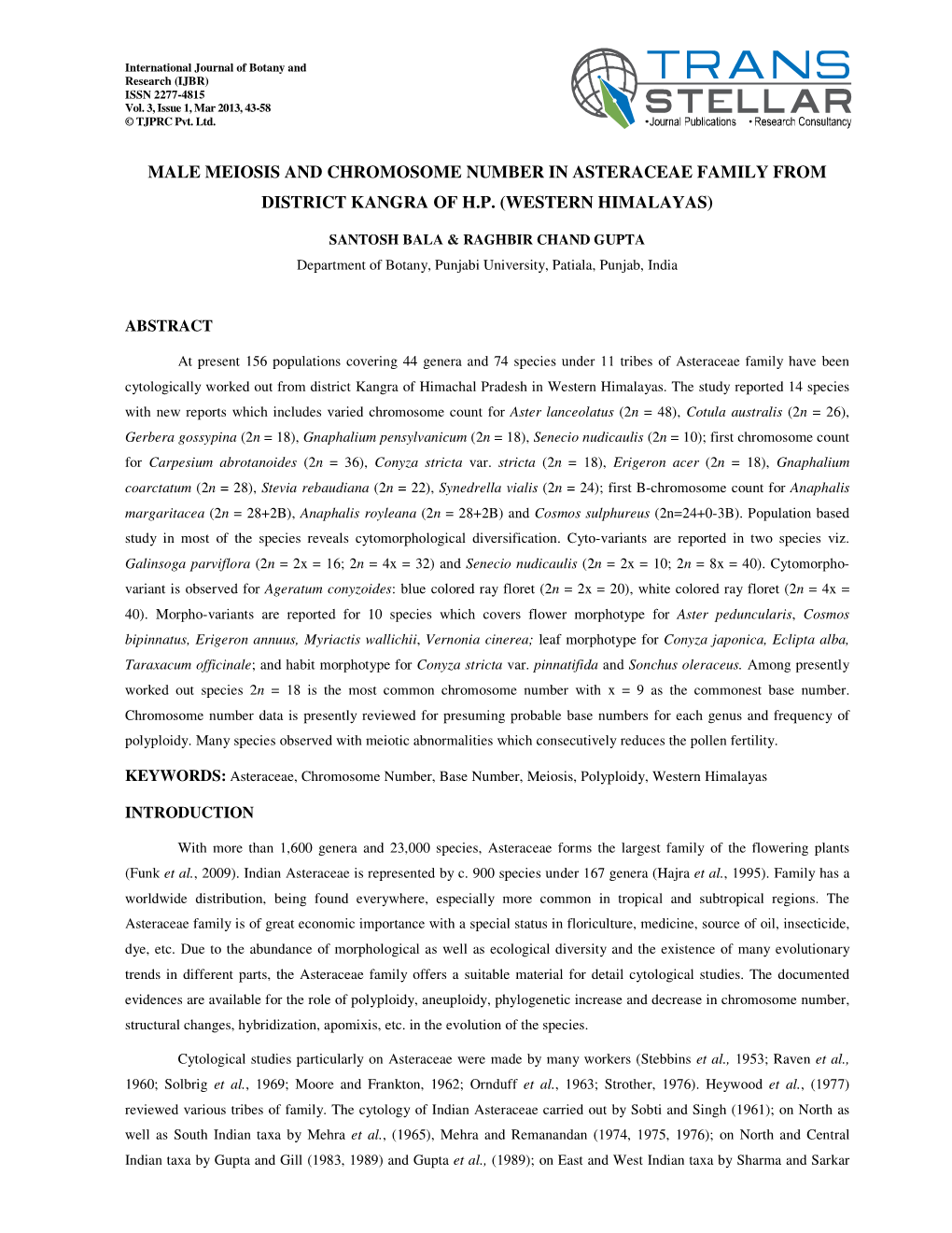 Male Meiosis and Chromosome Number in Asteraceae Family from District Kangra of H.P