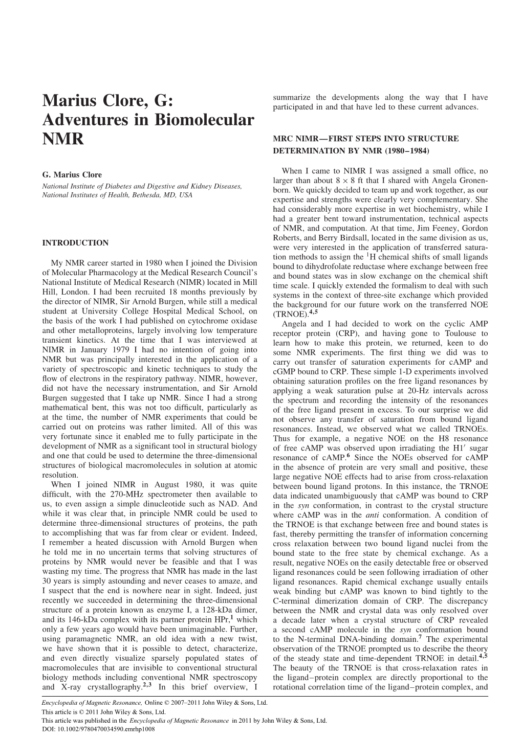 "Marius Clore, G: Adventures in Biomolecular NMR" In