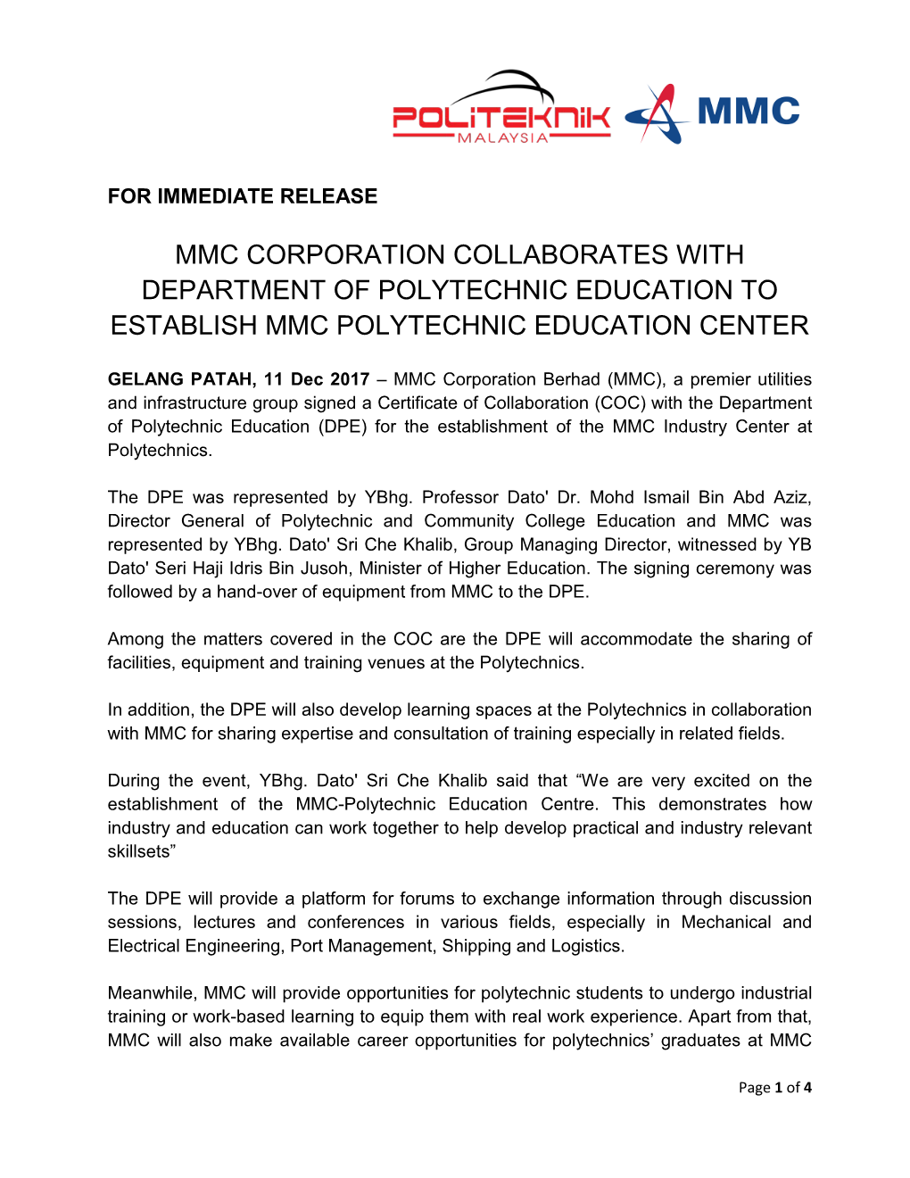 Mmc Corporation Collaborates with Department of Polytechnic Education to Establish Mmc Polytechnic Education Center