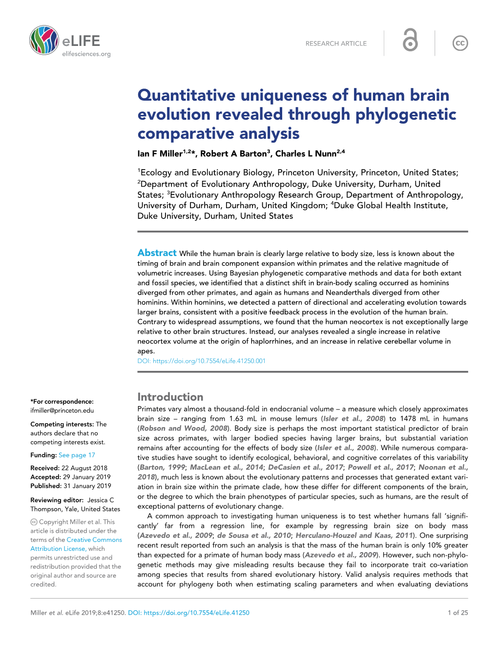 Quantitative Uniqueness of Human Brain Evolution Revealed Through Phylogenetic Comparative Analysis Ian F Miller1,2*, Robert a Barton3, Charles L Nunn2,4