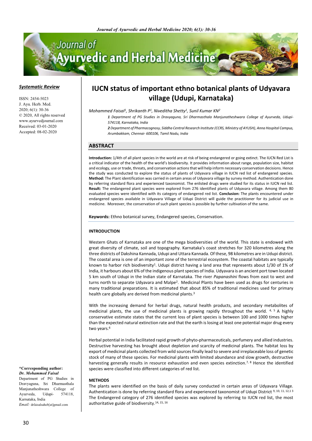 IUCN Status of Important Ethno Botanical Plants of Udyavara Village