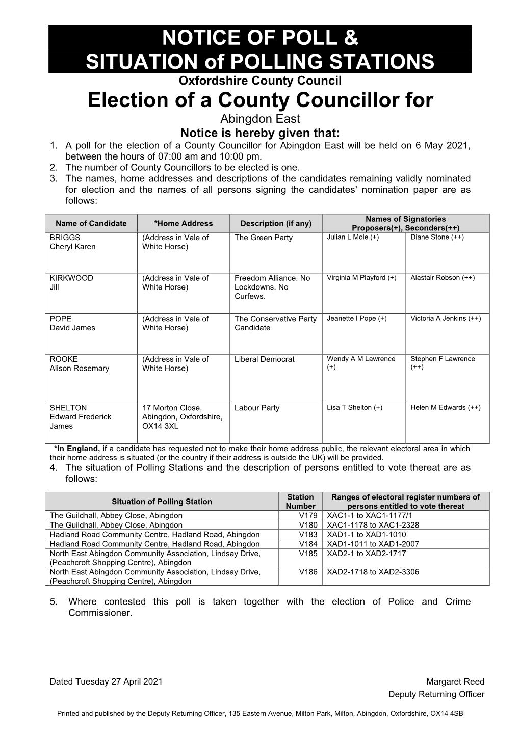 Notice of Poll and Situation of Polling Stations