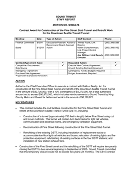 SOUND TRANSIT STAFF REPORT MOTION NO. M2004-78 Contract