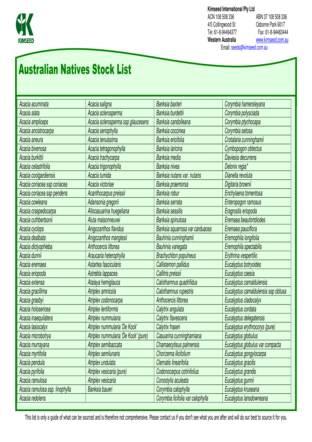 Australian Natives Stock List