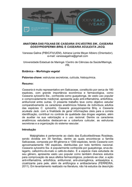 Anatomia Das Folhas De Casearia Sylvestris Sw., Casearia Gossypiosperma Briq