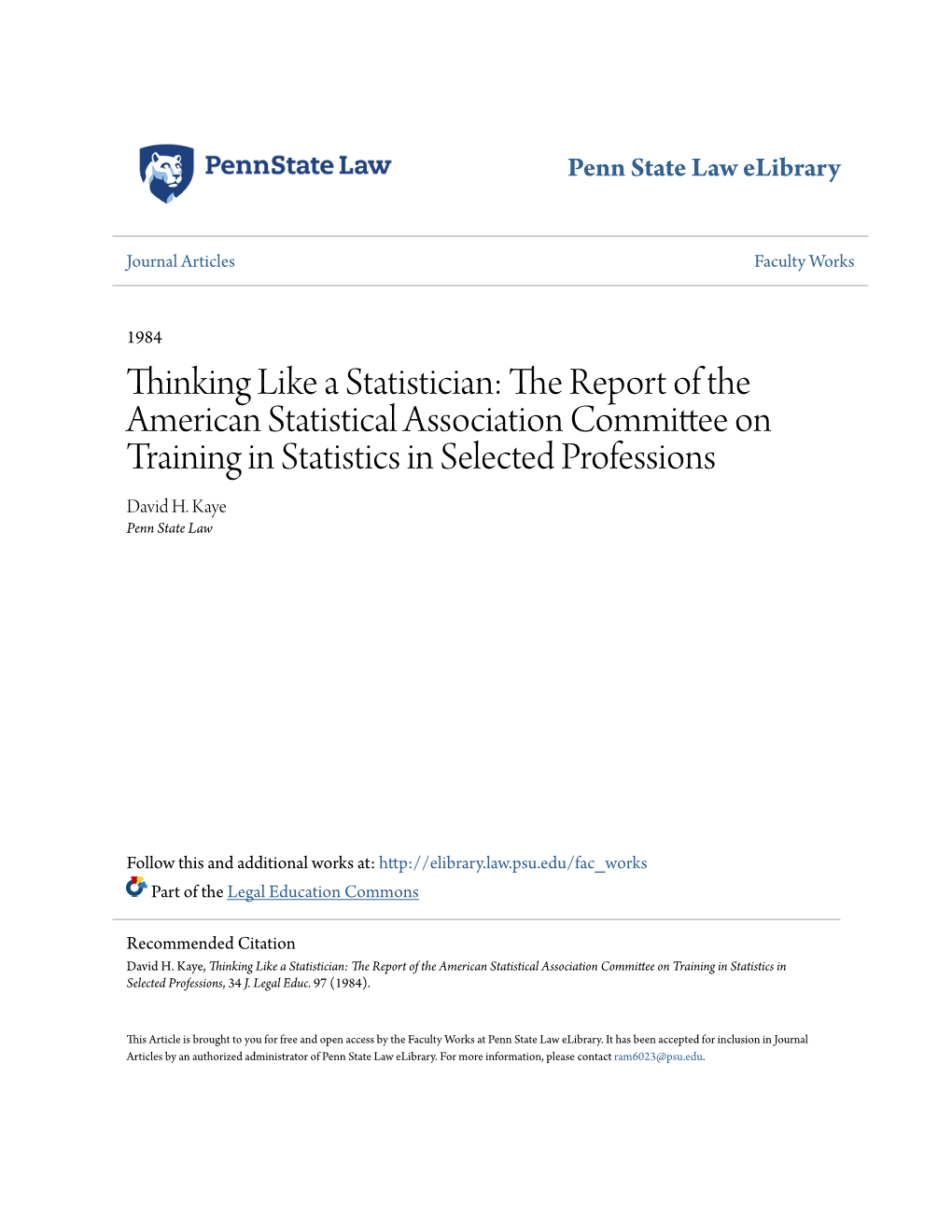 Thinking Like a Statistician: the Report of the American Statistical Association Committee on Training in Statistics in Selected Professions David H