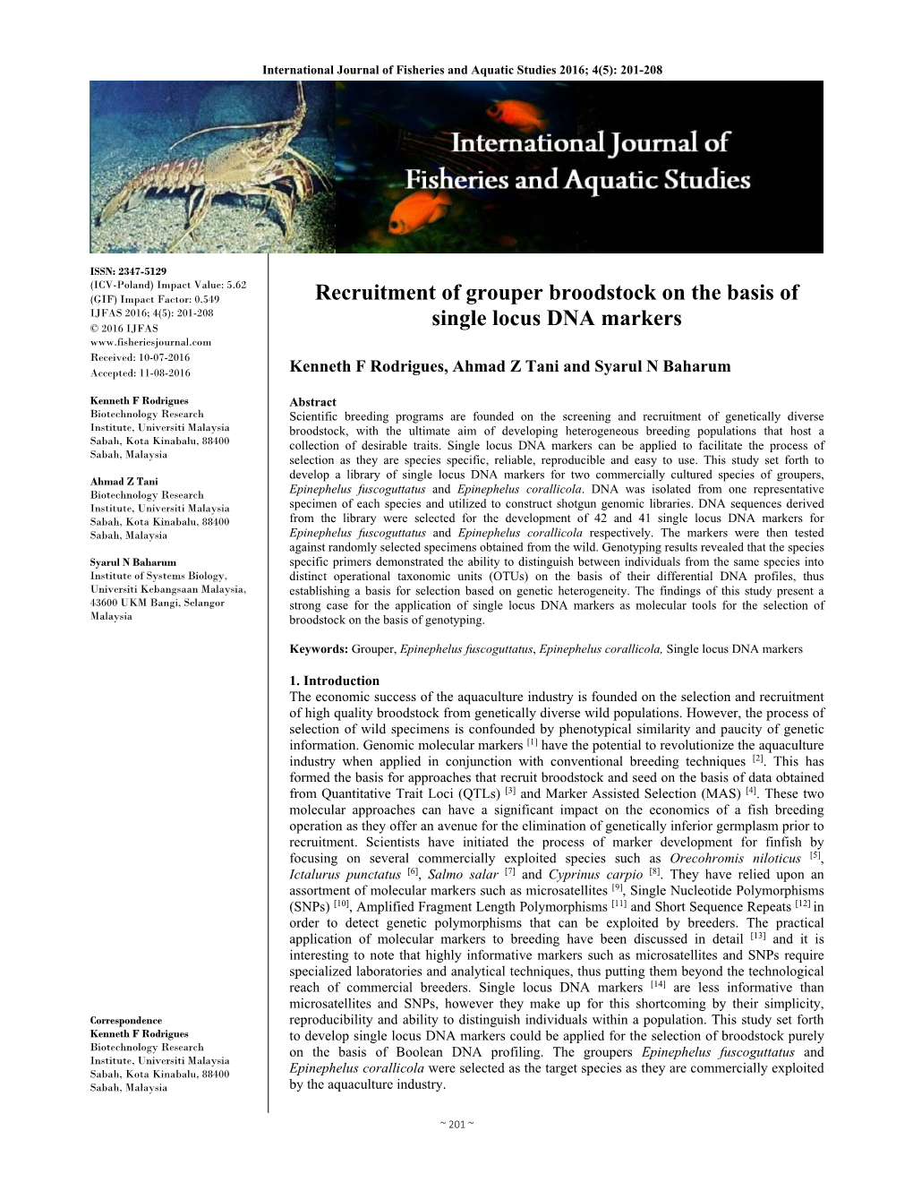 Recruitment of Grouper Broodstock on the Basis of Single Locus DNA Markers