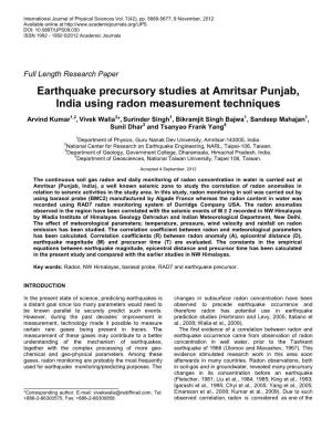 Earthquake Precursory Studies at Amritsar Punjab, India Using Radon Measurement Techniques