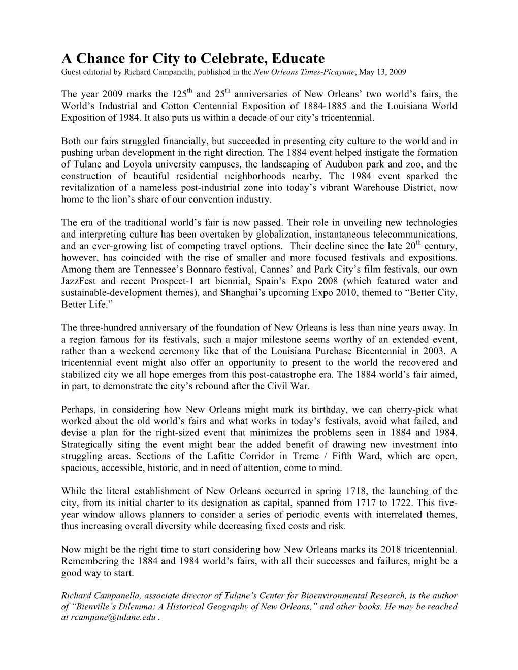 A Chance for City to Celebrate, Educate Guest Editorial by Richard Campanella, Published in the New Orleans Times-Picayune, May 13, 2009