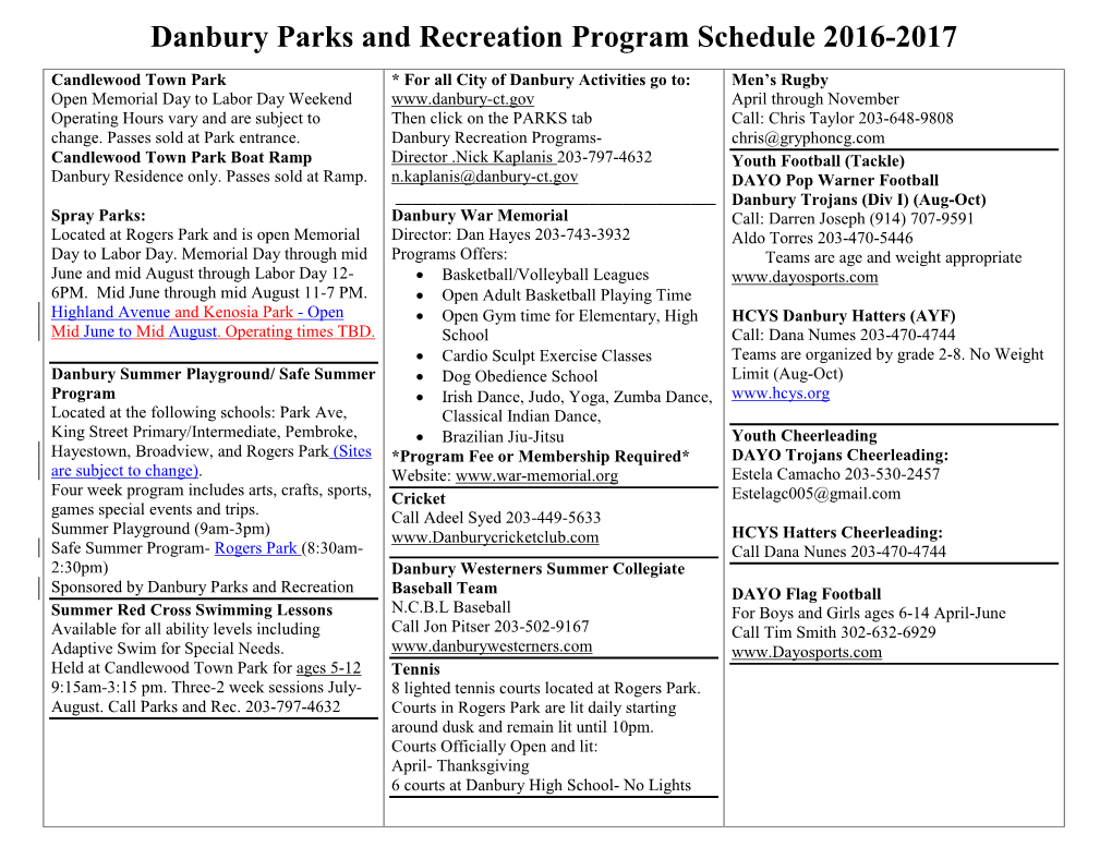 Danbury Park and Recreation Program Schedule 2012