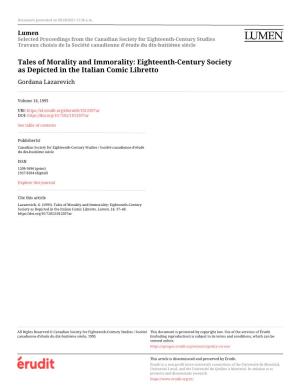 Tales of Morality and Immorality: Eighteenth-Century Society As Depicted in the Italian Comic Libretto Gordana Lazarevich