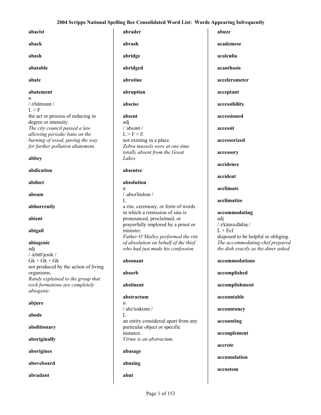 2004 Scripps National Spelling Bee Consolidated Word List