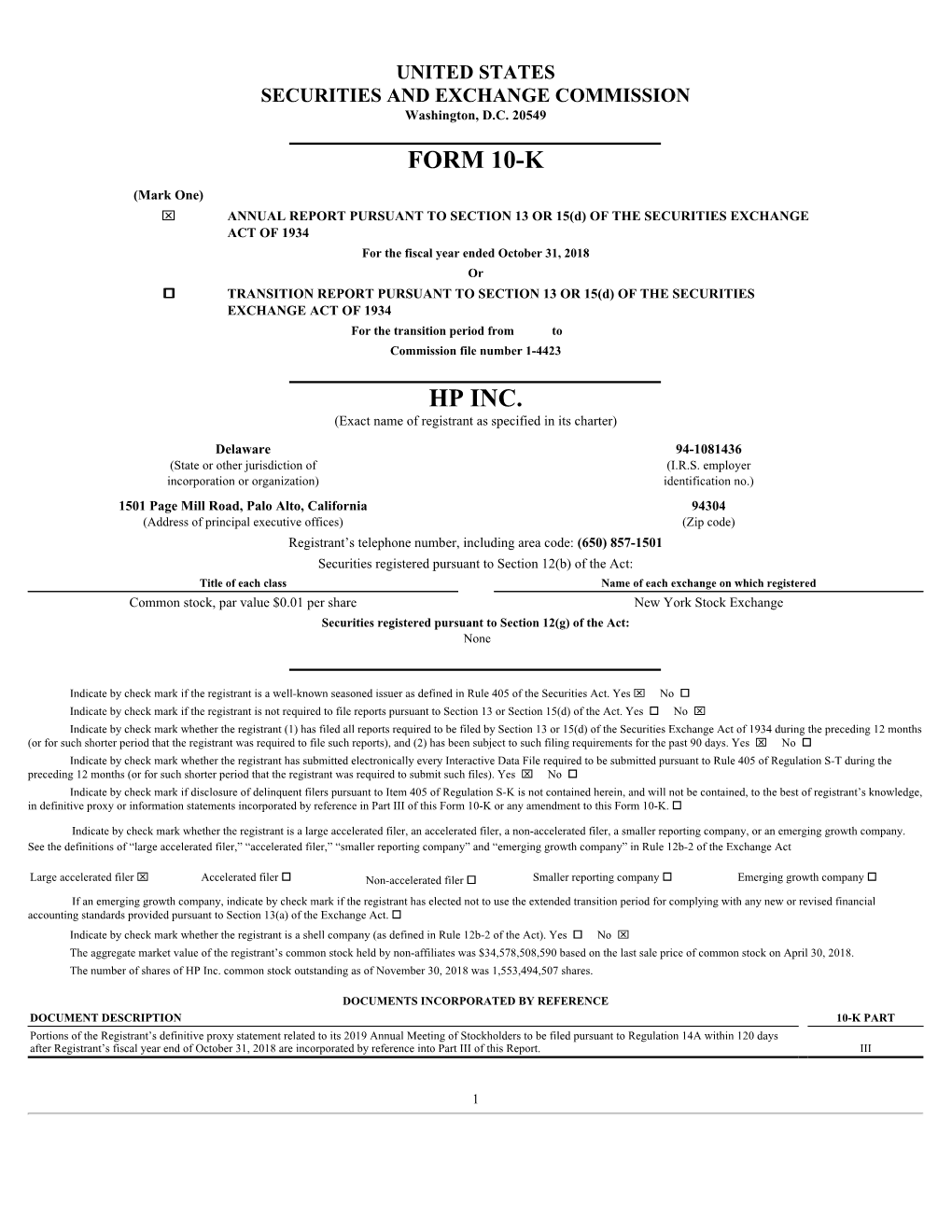 Form 10-K Hp Inc