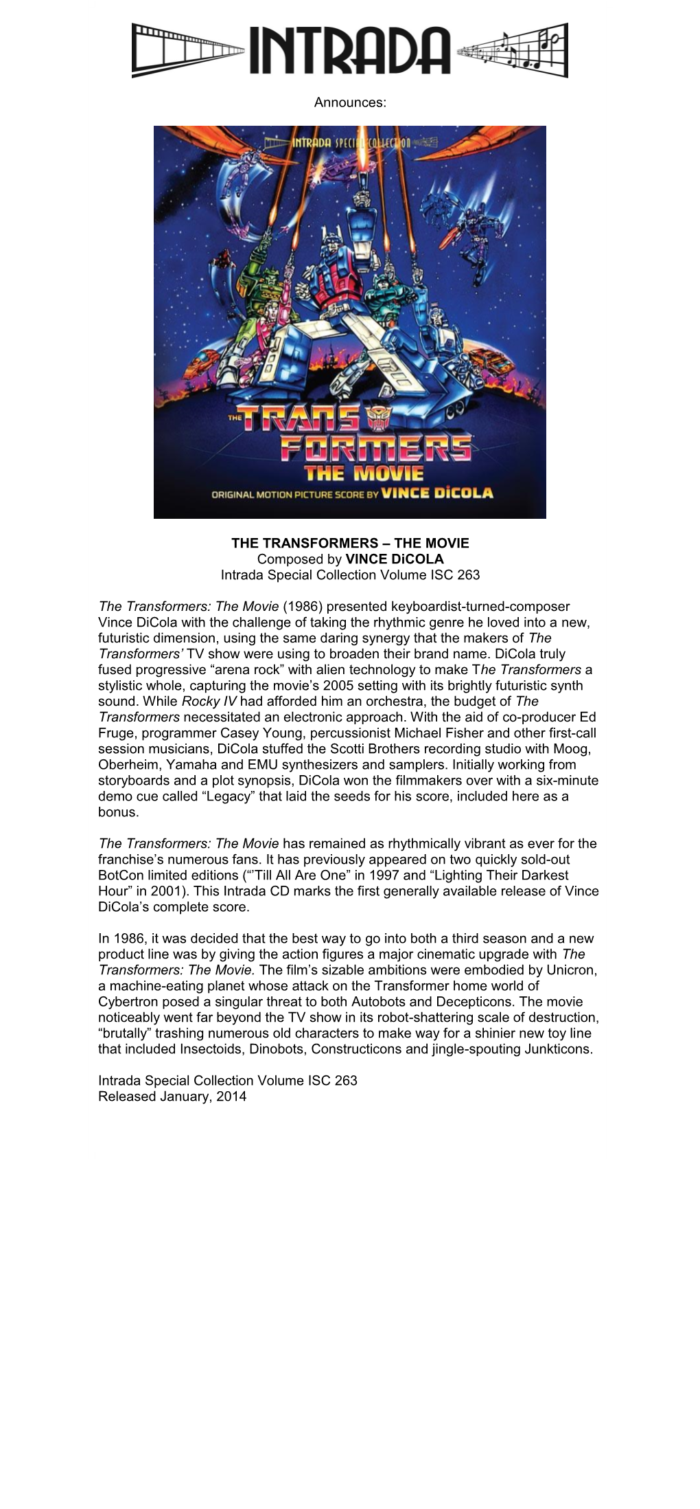 THE TRANSFORMERS – the MOVIE Composed by VINCE Dicola Intrada Special Collection Volume ISC 263