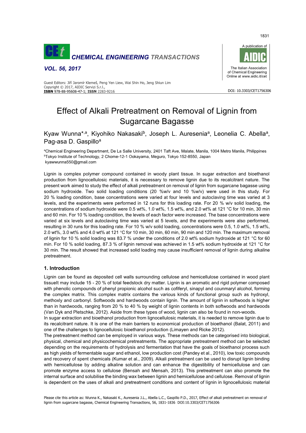 Effect of Alkali Pretreatment on Removal of Lignin from Sugarcane Bagasse