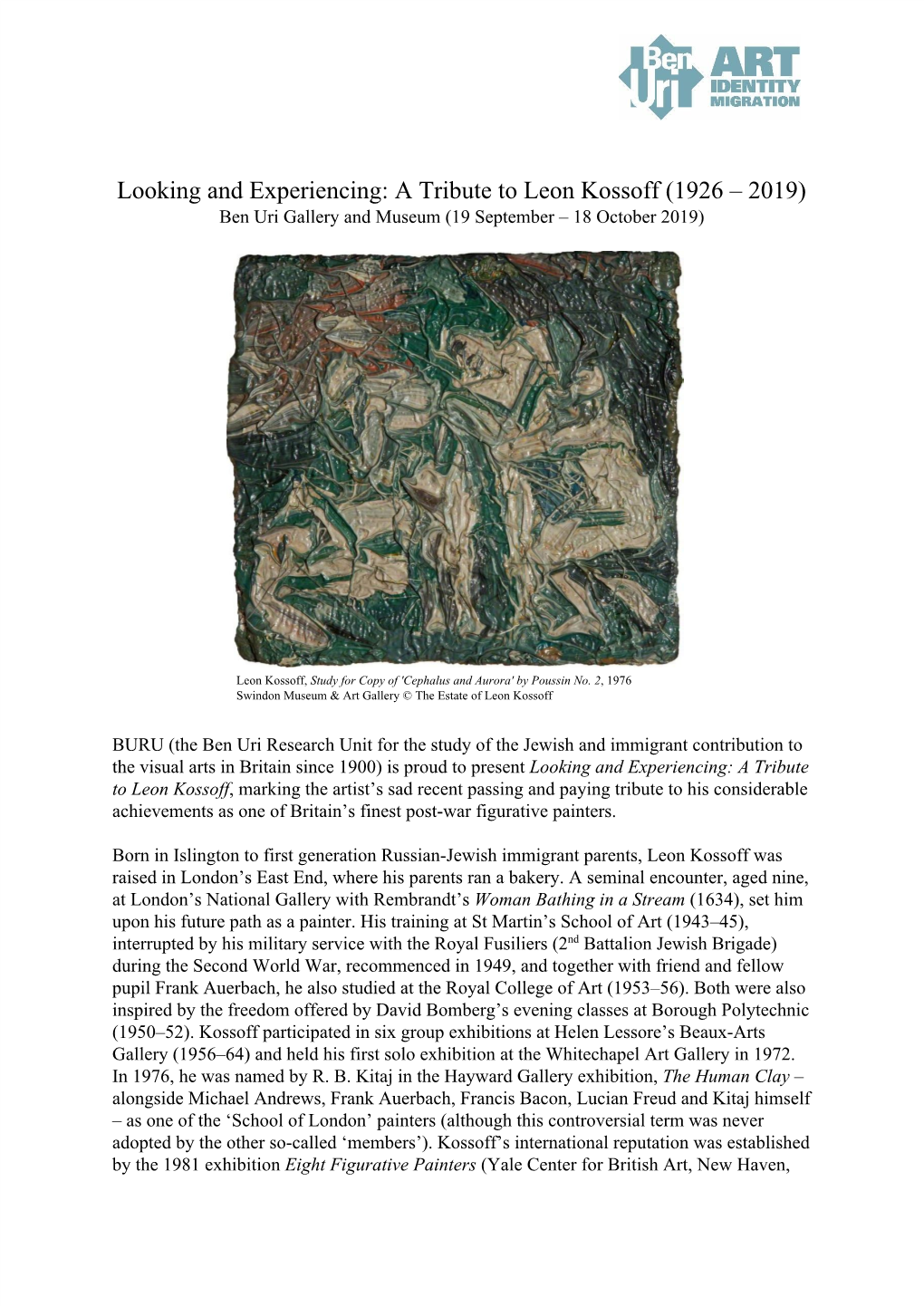 A Tribute to Leon Kossoff (1926 – 2019) Ben Uri Gallery and Museum (19 September – 18 October 2019)