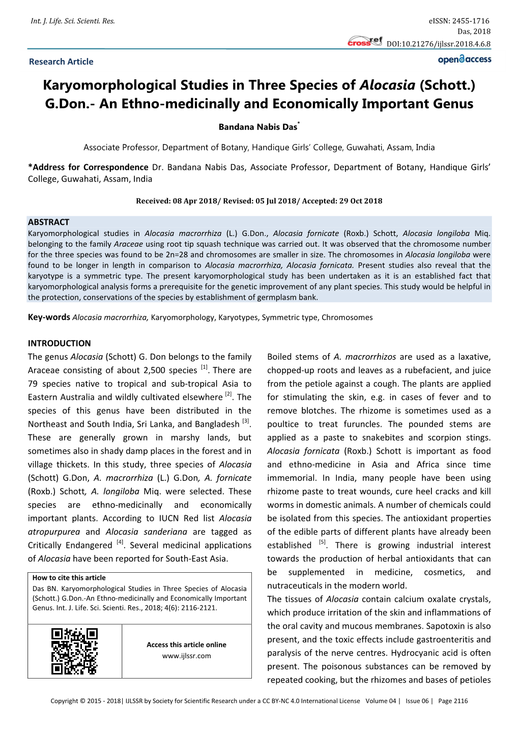 Karyomorphological Studies in Three Species of Alocasia (Schott.) G.Don.- an Ethno-Medicinally and Economically Important Genus