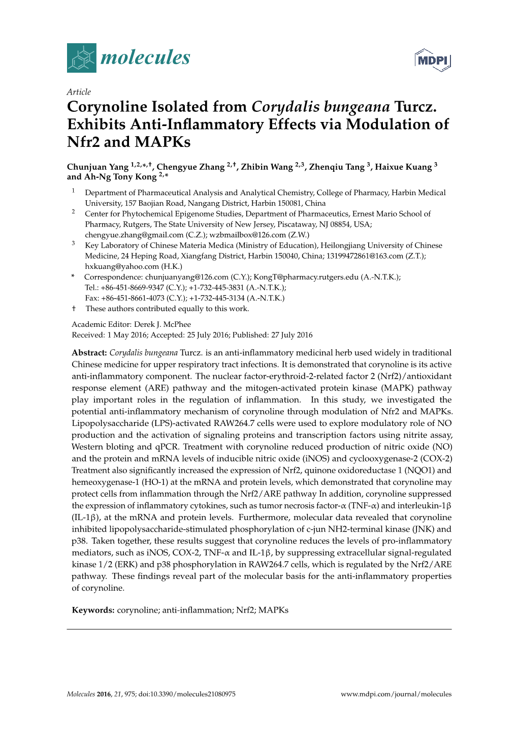 Corynoline Isolated from Corydalis Bungeana Turcz. Exhibits Anti-Inﬂammatory Effects Via Modulation of Nfr2 and Mapks