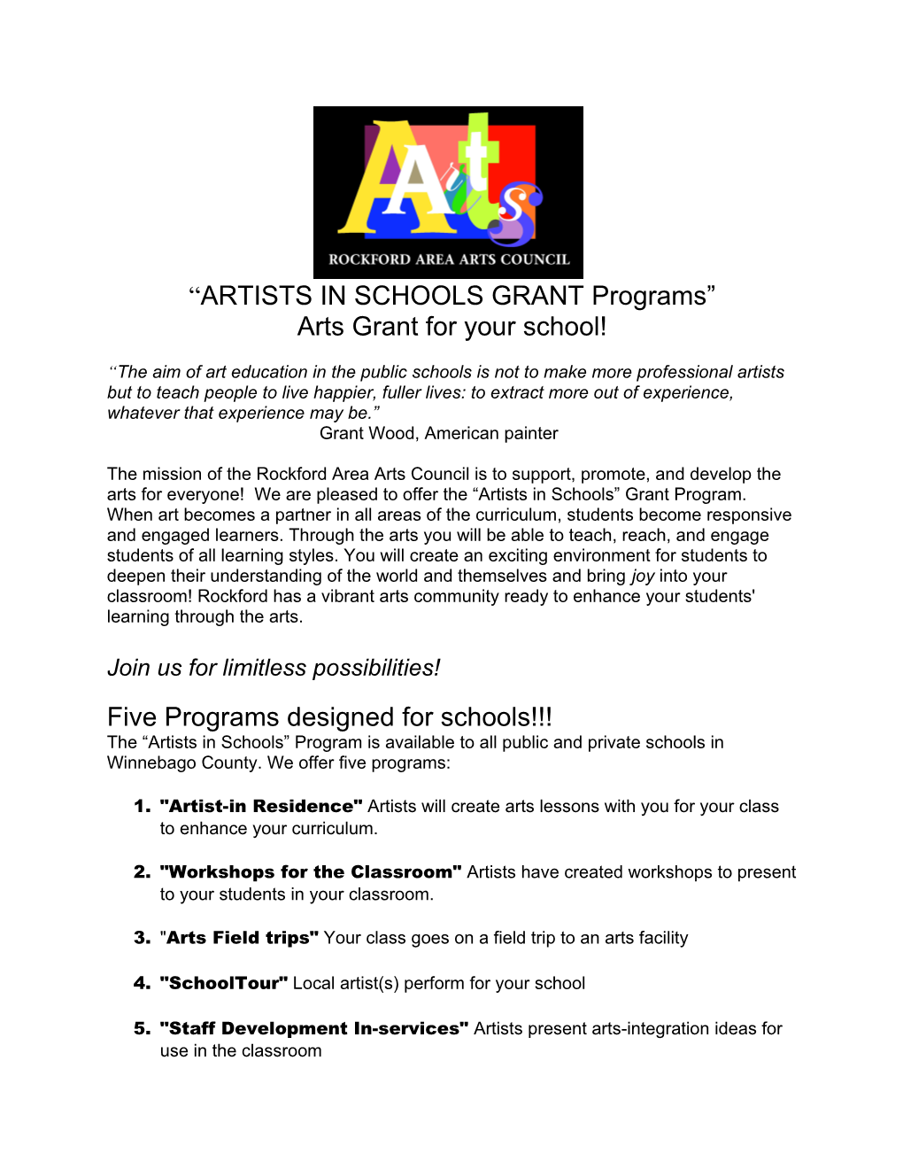 Welcome to the Rockford Area Arts Council S Arts Resource Book for Teachers