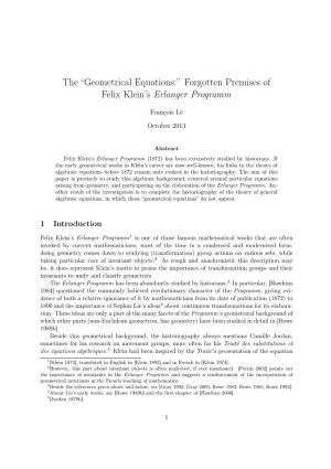 The “Geometrical Equations:” Forgotten Premises of Felix Klein's