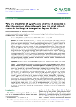 Very Low Prevalence of Opisthorchis Viverrini S.L. Cercariae in Bithynia