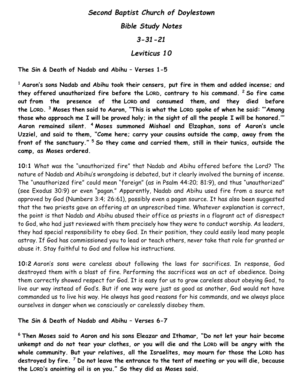Second Baptist Church of Doylestown Bible Study Notes 3-31-21 Leviticus 10