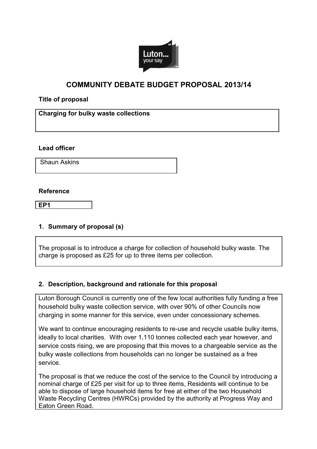 Budget Proposal for Bulky Waste