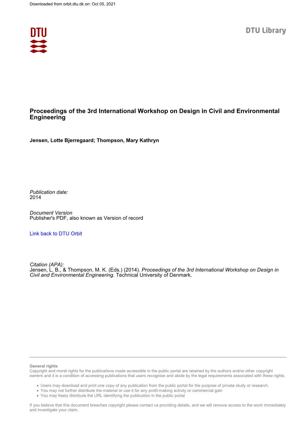 Proceedings of the 3Rd International Workshop on Design in Civil and Environmental Engineering