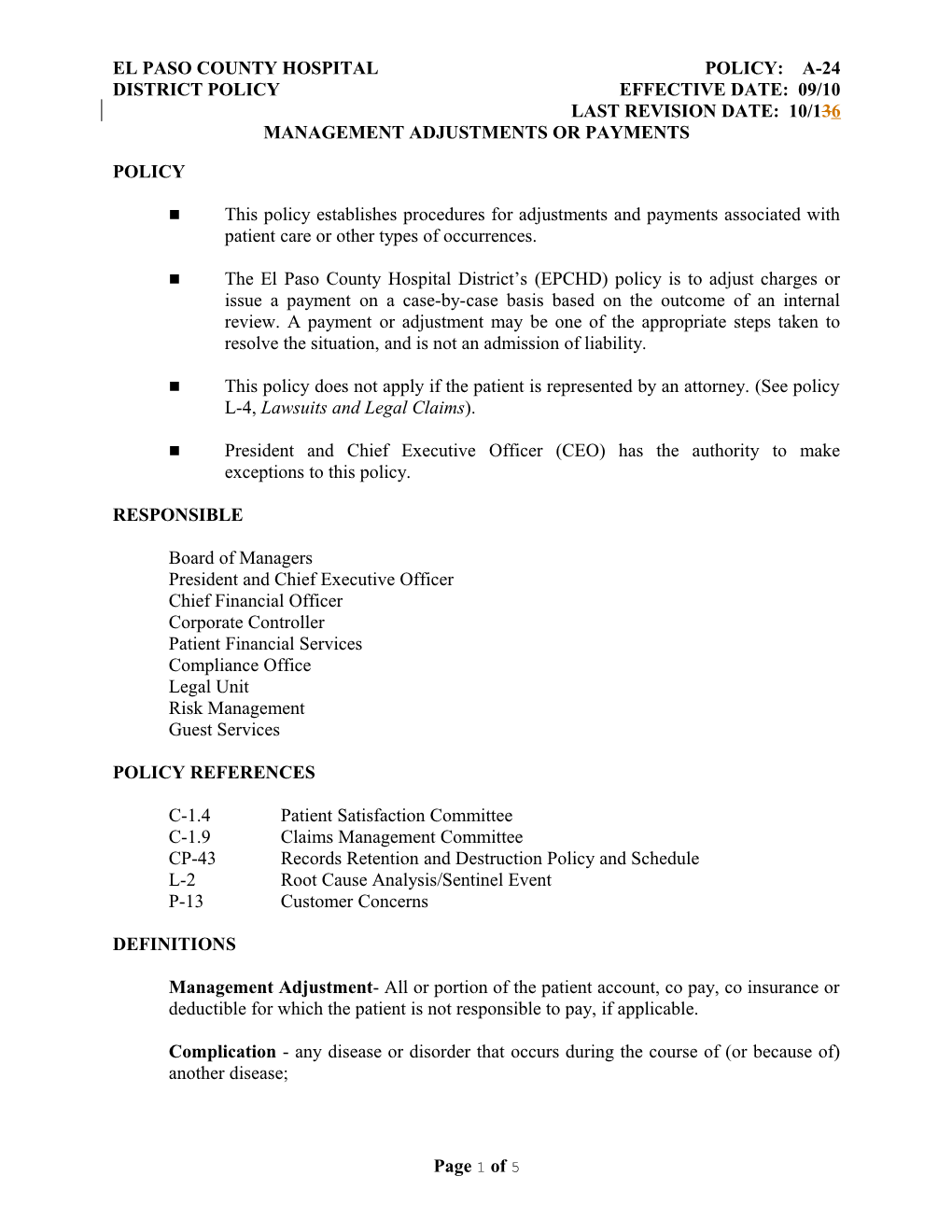 El Paso County Hospital Policy: A-24