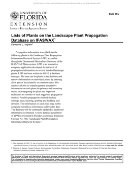 Lists of Plants on the Landscape Plant Propagation Database on IFAS/VAX1 Dewayne L